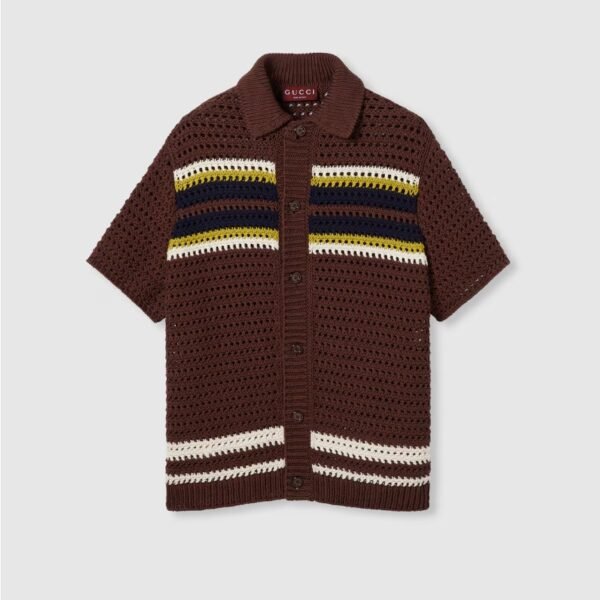 구찌 스트라이프 무늬가 있는 크로셰 코튼 니트 폴로 셔츠 833292XKEYS4024