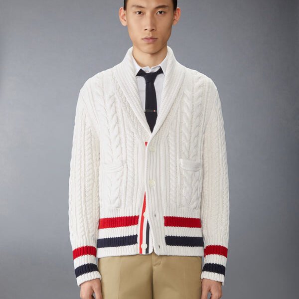 톰브라운 아란 케이블 캐시미어 RWB 스트라이프 카디건 MKC412A-Y2007-100