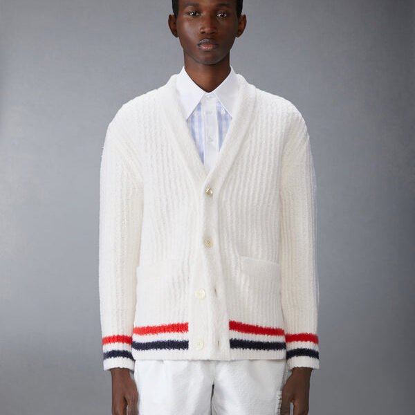 톰브라운 메리노 울 청키 스티치 브이넥 카디건 MKC604A-Y1054-100