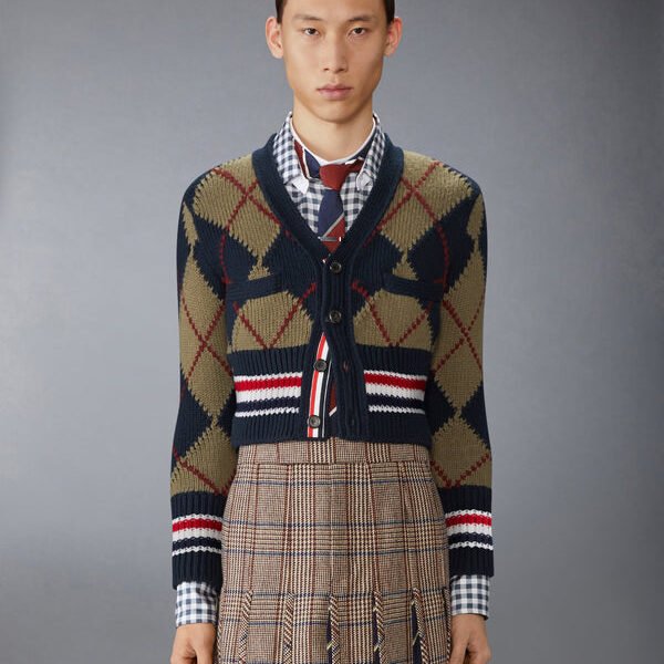 톰브라운 메리노 울 아가일 인타르시아 브이넥 카디건 MKC617A-Y1029-415