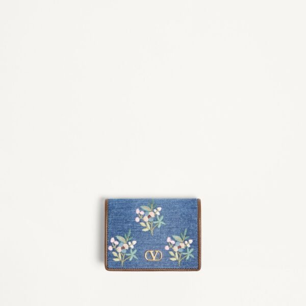 발렌티노 가라바니 브이로고 시그니처 데님 플로럴 자수 지갑 8W0P0AJ3MDU_AXM
