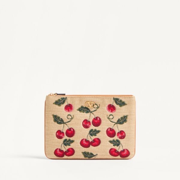발렌티노 브이로고 시그니처 체리픽 패턴 자카드 라피아 파우치 6W0P0AK4CJR_R9F